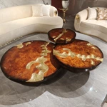 Luxury Nesting Coffee Table Set with Natural Burl Wood Veneer and Hammered Metal Detailing